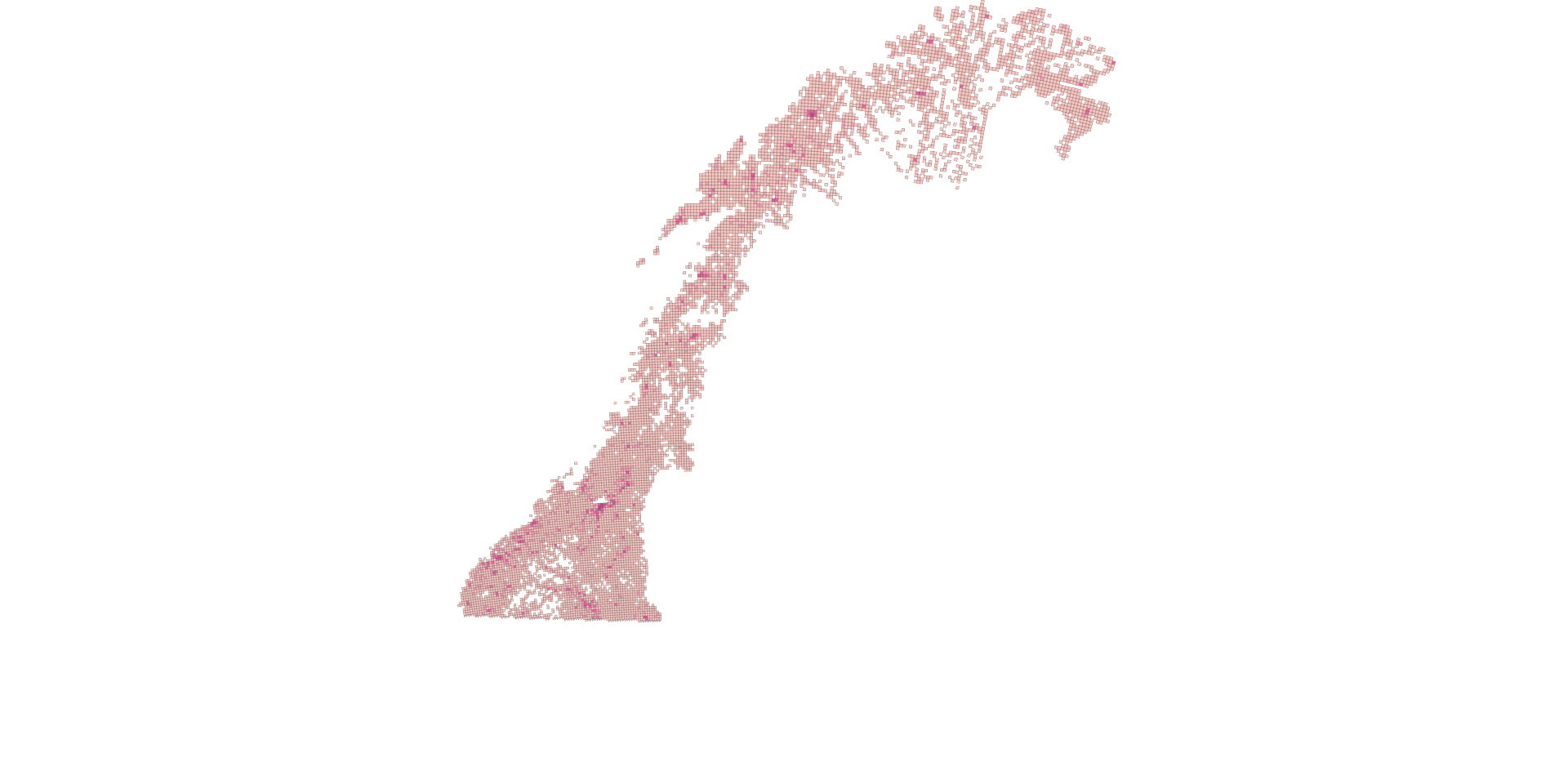 How many buildings? Map of number of buildings per 5km*5km grid in Norway (2023)